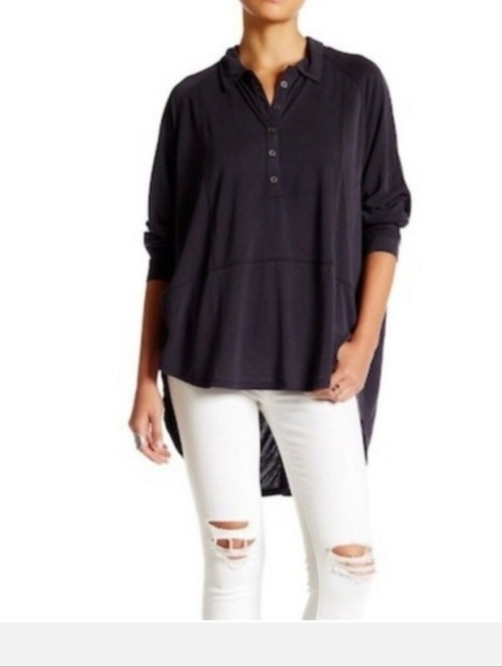 Free People High/Low Henley Top Lagenlook Momcore Black Size LARGE